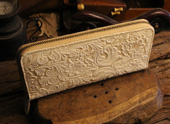 Handmade Leather Floral Floral Mens Cool Zipper Phone Travel Long Wallet Card Holder Card Slim Clutch Wallets for Men
