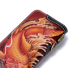 Handmade Leather Carp Mens Chain Zipper Biker Wallet Cool Leather Wallet Long Phone Wallets for Men