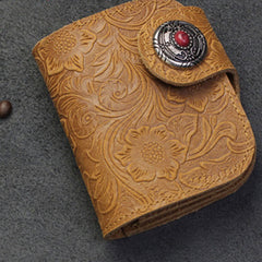 Handmade Leather Floral Mens Cool Biker Wallet Leather Wallet Men billfold Wallets Bifold for Men