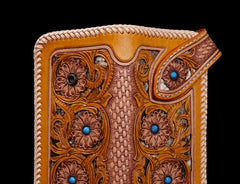 Handmade Mens Cool Tooled Floral Leather Chain Wallet Biker Trucker Wallet with Chain