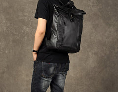 Genuine Leather Mens Cool Backpack Sling Bag Large Black Travel Bag Hiking Bag for men