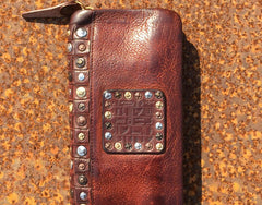 Handmade Genuine Rock Punk Leather Mens Cool Long Wallet Wristlet Bifold Clutch Wallet for Men