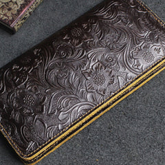 Handmade Leather Floral Mens Cool Travel Long Wallet Passport Card Holder Card Slim Wallets for Men