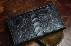 Handmade Leather Mens Tooled Floral Cool Zipper Phone Travel Long Wallet Card Holder Card Slim Clutch Wallets for Men