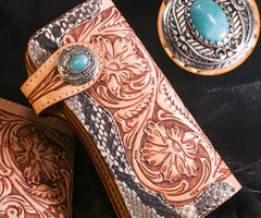 Handmade Mens Cool Tooled Boa Skin Floral Leather Chain Wallet Biker Trucker Wallet with Chain