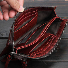 Handmade Leather Mens Cool Long Leather Wallet Zipper Clutch Wristlet Wallet for Men