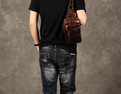 Genuine Leather Mens Cool Chest Bag Sling Bag Crossbody Bag Travel Bag Hiking Bag for men