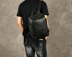 Genuine Leather Mens Cool Backpack Sling Bag Large Black Travel Bag Hiking Bag for men