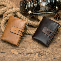 RFID Brown Leather Men's Double Zipper Small Wallet Black billfold Wallet For Men - iwalletsmen