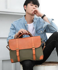 Army Green Leather Canvas Mens Casual Briefcase Shoulder Bag Messenger Bags Casual Courier Bags for Men - iwalletsmen