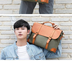 Army Green Leather Canvas Mens Casual Briefcase Shoulder Bag Messenger Bags Casual Courier Bags for Men - iwalletsmen