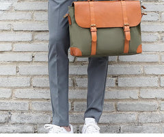 Army Green Leather Canvas Mens Casual Briefcase Shoulder Bag Messenger Bags Casual Courier Bags for Men - iwalletsmen