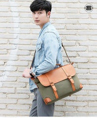 Army Green Leather Canvas Mens Casual Briefcase Shoulder Bag Messenger Bags Casual Courier Bags for Men - iwalletsmen