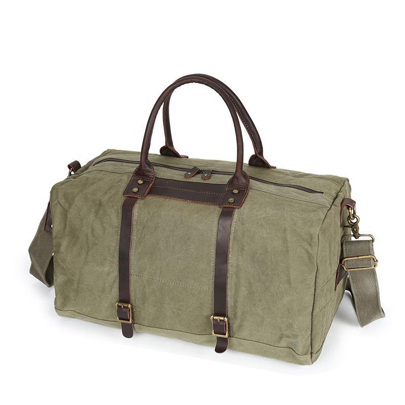 Army Green Leather Canvas Mens Weekender Bag Casual Travel Handbag Canvas Duffle Bag for Men - iwalletsmen