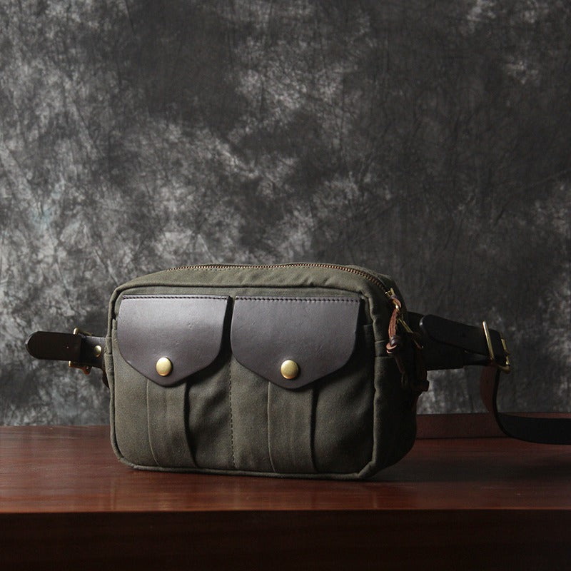 Army Green Leather&Canvas Men Fanny Pack Waist Bag Canvas Hip Pack Bum Pack For Men