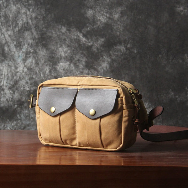 Khaki Leather&Canvas Men Fanny Pack Waist Bags Canvas Hip Pack Bum Pack For Men