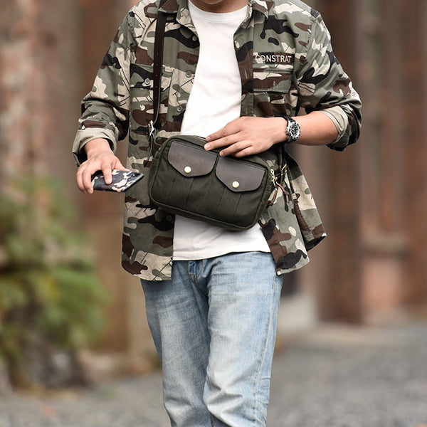 Army Green Leather&Canvas Men Fanny Pack Waist Bag Canvas Hip Pack Bum Pack For Men