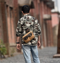 Army Green Leather&Canvas Men Fanny Pack Waist Bags Canvas Hip Pack Bum Pack For Men
