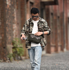 Khaki Leather&Canvas Men Fanny Pack Waist Bags Canvas Hip Pack Bum Pack For Men