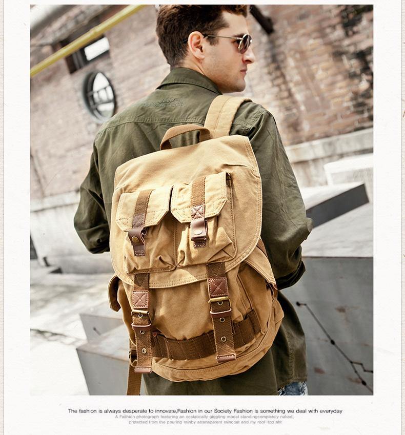 backpack for men hiking Army Green CANVAS Mens Large 16'' Fashion Khaki Travel Backpack Colleg – iwalletsmen