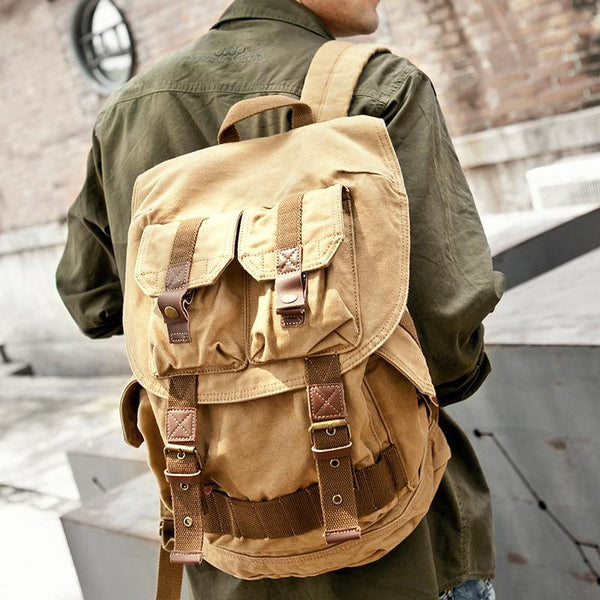 Army Green CANVAS Mens Large 16'' Fashion Khaki Travel Backpack College Backpack Hiking Backpack For Men - iwalletsmen