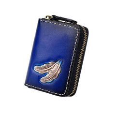 Around Zip Coffee Tooled Leather Card Wallet Mens Feather Zipper Card Holder for Men