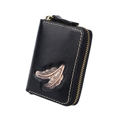 Around Zip Coffee Tooled Leather Card Wallet Mens Feather Zipper Card Holder for Men