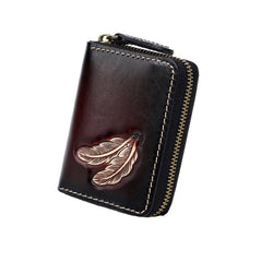 Around Zip Black Tooled Leather Card Wallet Mens Feather Zipper Card Holder for Men