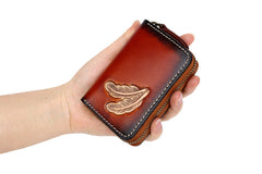 Around Zip Coffee Tooled Leather Card Wallet Mens Feather Zipper Card Holder for Men