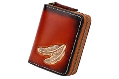 Around Zip Black Tooled Leather Card Wallet Mens Feather Zipper Card Holder for Men