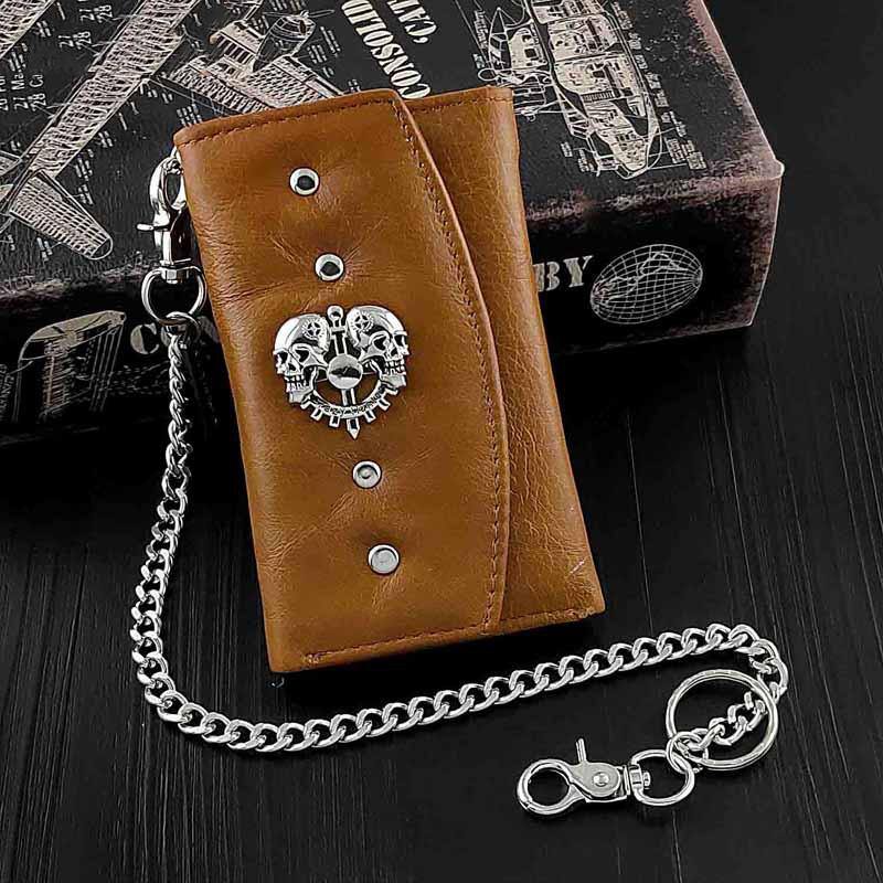 BADASS BROWN SKULL LEATHER MENS TRIFOLD SMALL BIKER WALLETS CHAIN WALLET WALLET WITH CHAIN FOR MEN - iwalletsmen