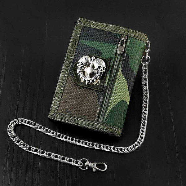 BADASS CAMOUFLAGE Canvas MENS TRIFOLD SMALL BIKER WALLETS CHAIN WALLET WALLET WITH CHAINS FOR MEN - iwalletsmen
