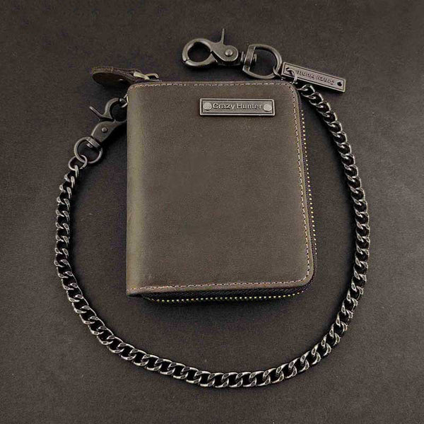 BADASS DARK BROWN LEATHER MENS TRIFOLD SMALL BIKER WALLET CHAIN WALLET Zipper WALLET WITH CHAIN FOR MEN - iwalletsmen