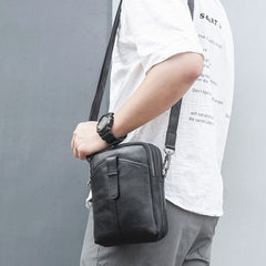 BADASS Black LEATHER MEN'S Small Side bag Vertical Phone Bag MESSENGER BAG Shoulder Bag FOR MEN - iwalletsmen