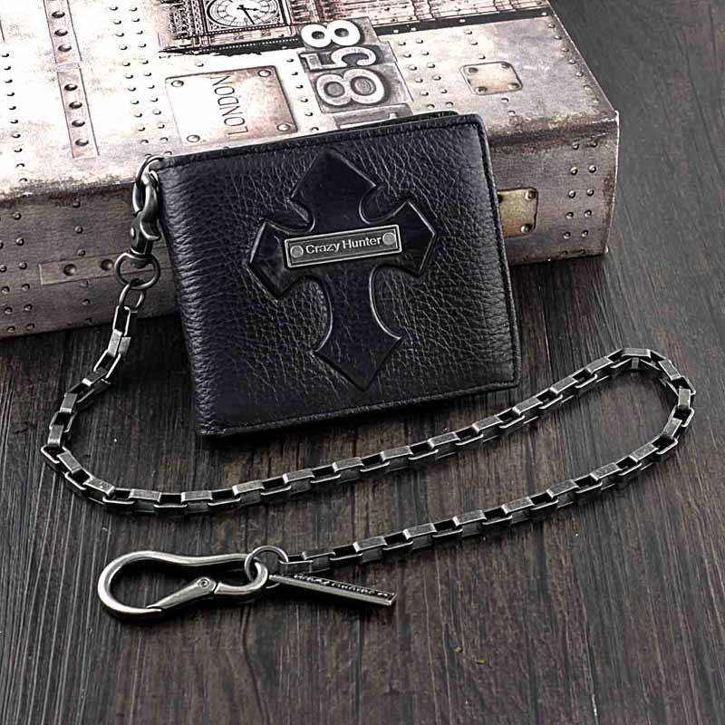 Badass Black Leather Men's Trifold Cross Small Biker Wallet Chain Wallet with chain For Men - iwalletsmen