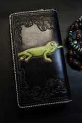 Badass Black Leather Men's Chameleon Biker Wallet Handmade Tooled Zipper Long Wallets For Men - iwalletsmen