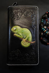 Badass Black Leather Men's Chameleon Biker Wallet Handmade Tooled Zipper Long Wallets For Men - iwalletsmen