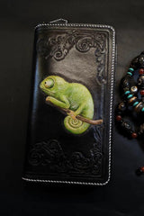 Badass Black Leather Men's Chameleon Biker Wallet Handmade Tooled Zipper Long Wallets For Men - iwalletsmen