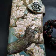 Blue Leather Womens Cherry Blossom Tree Biker Wallet Handmade Tooled Zipper Long Wallets For Men - iwalletsmen