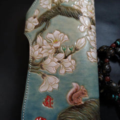 Blue Leather Womens Cherry Blossom Tree Biker Wallet Handmade Tooled Zipper Long Wallets For Men - iwalletsmen