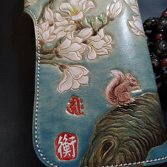 Blue Leather Womens Cherry Blossom Tree Biker Wallet Handmade Tooled Zipper Long Wallets For Men - iwalletsmen