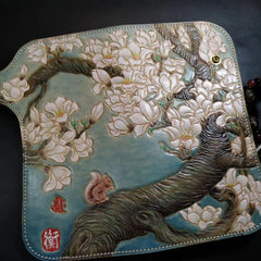 Blue Leather Womens Cherry Blossom Tree Biker Wallet Handmade Tooled Zipper Long Wallets For Men - iwalletsmen