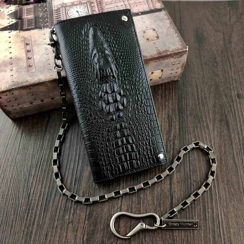 Badass Black Leather Men's Crocodile Pattern Long Biker Chain Wallet Long Wallet Chain For Men - iwalletsmen