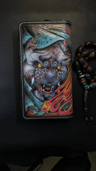 Badass Black Leather Men's Chinese Lion Biker Wallets Handmade Tooled Zipper Long Wallets For Men - iwalletsmen