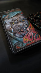 Badass Black Leather Men's Chinese Lion Biker Wallets Handmade Tooled Zipper Long Wallets For Men - iwalletsmen