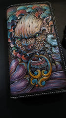 Badass Black Leather Men's Chinese Lion Biker Wallets Handmade Tooled Zipper Long Wallets For Men - iwalletsmen