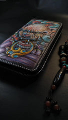 Badass Black Leather Men's Chinese Lion Biker Wallets Handmade Tooled Zipper Long Wallets For Men - iwalletsmen