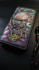 Badass Black Leather Men's Chinese Lion Biker Wallets Handmade Tooled Zipper Long Wallets For Men - iwalletsmen