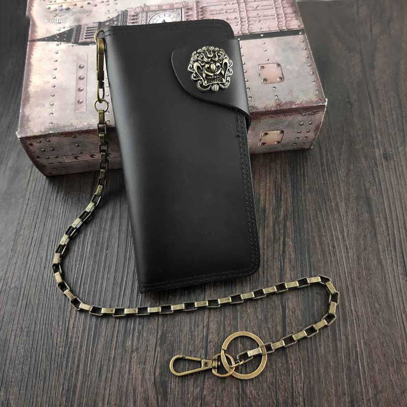 Badass Black Leather Men's Long Biker Chain Wallet Black Long Wallet with Chain For Men - iwalletsmen