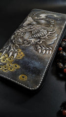 Badass Black Leather Men's Chinese Monster Long Biker Wallet Handmade Tooled Zipper Long Wallets For Men - iwalletsmen